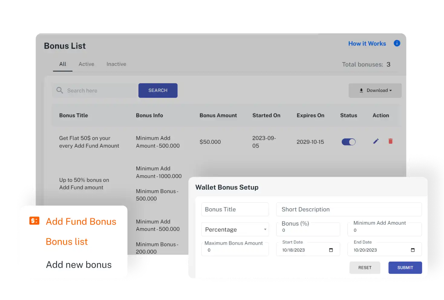 Admin Panel Add Fund and Bonus Feature
