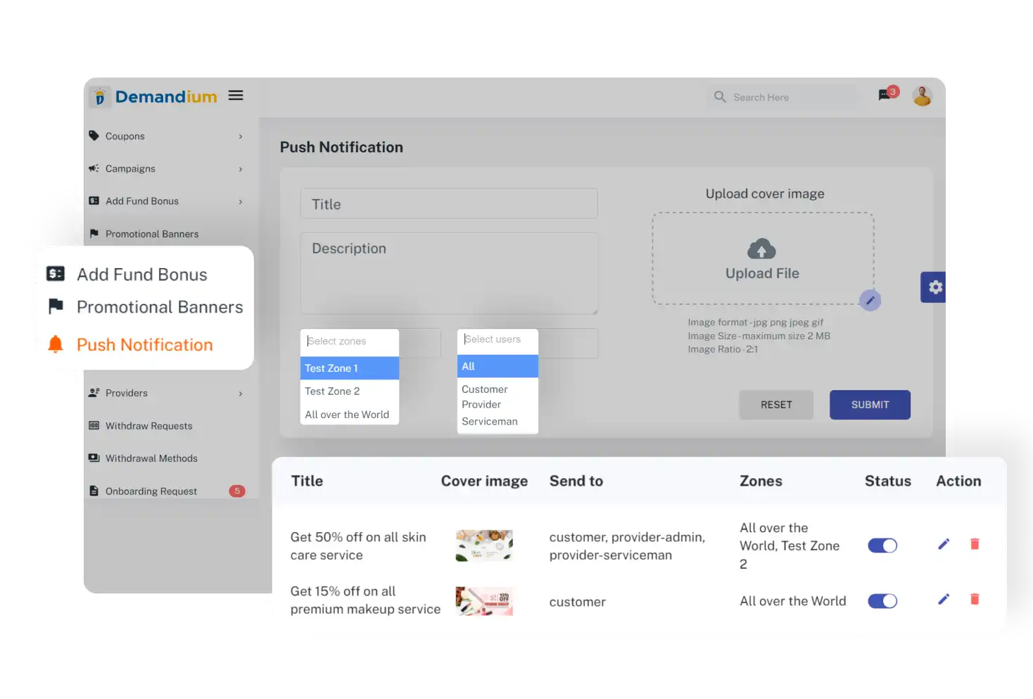 Admin Panel Push Notifications Feature