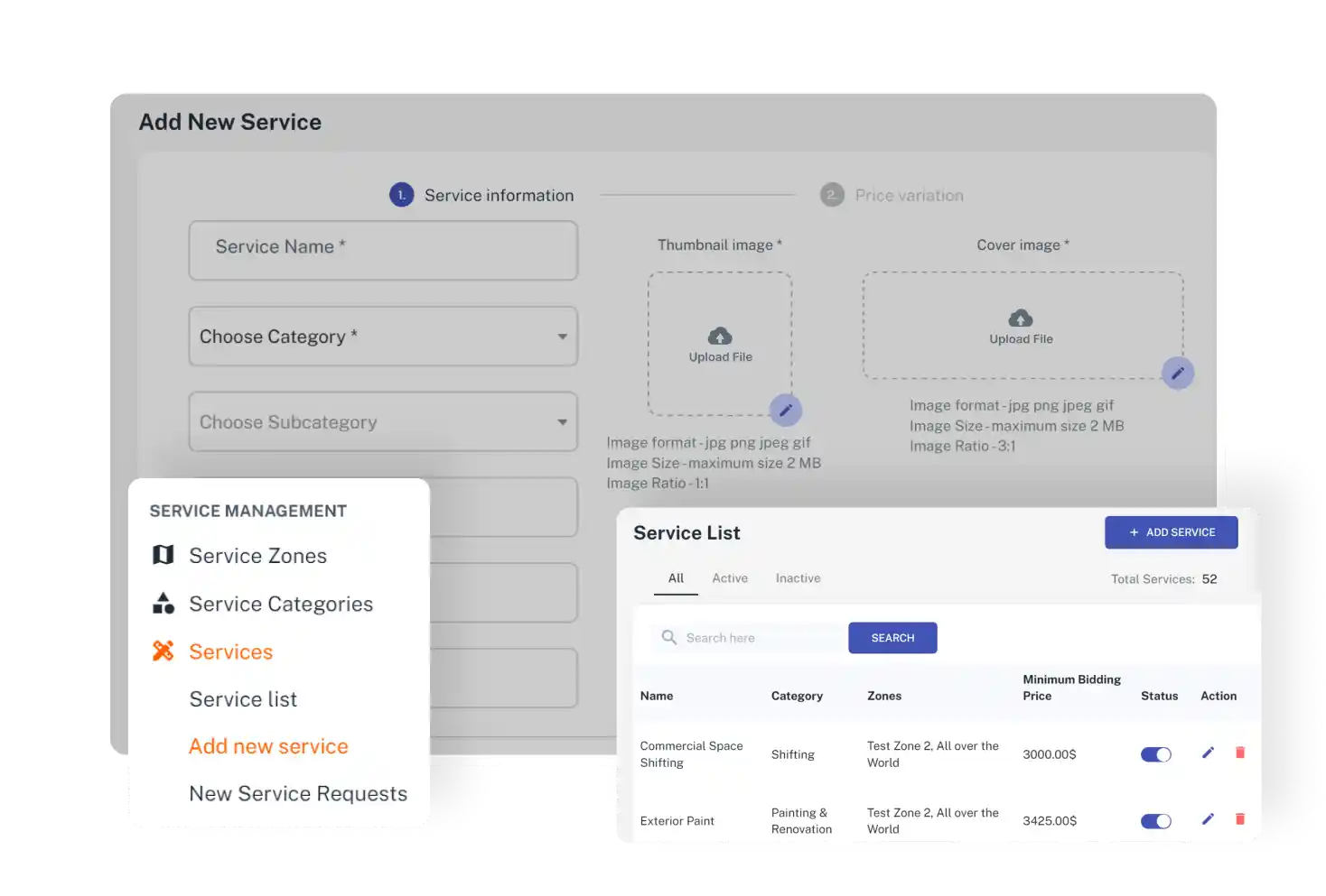 Admin Panel Service Management Feature