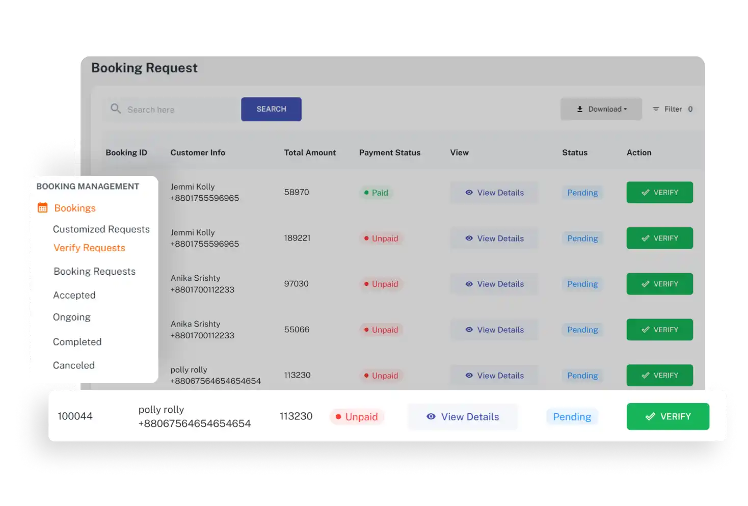 Admin Panel Verify Bookings Feature