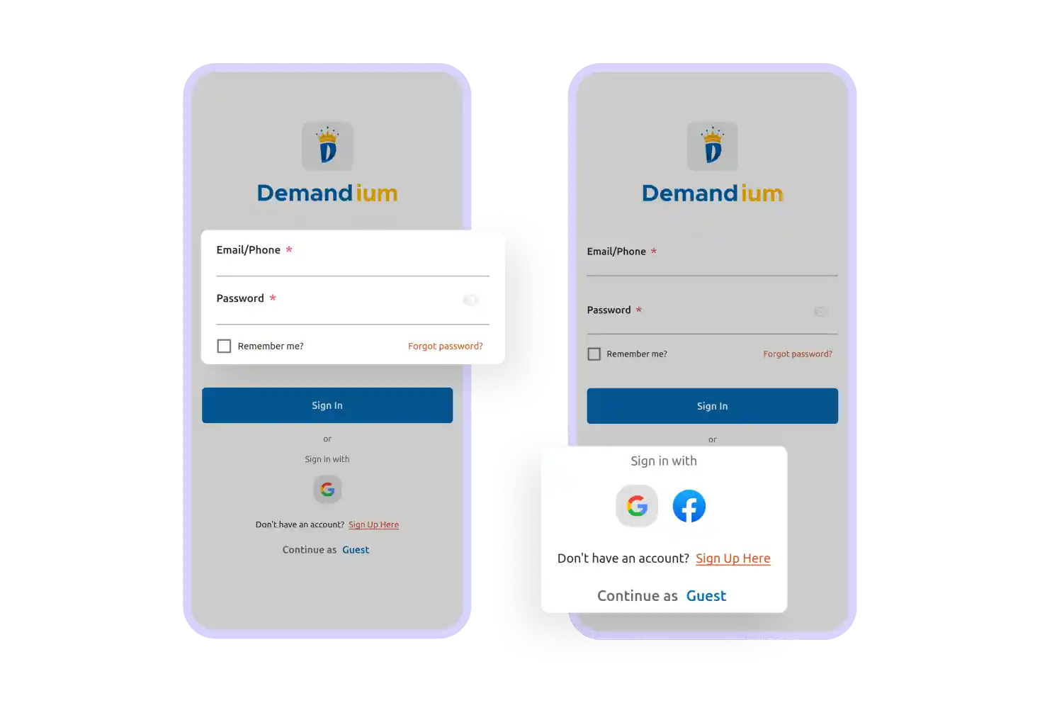 User App multiple login options Feature