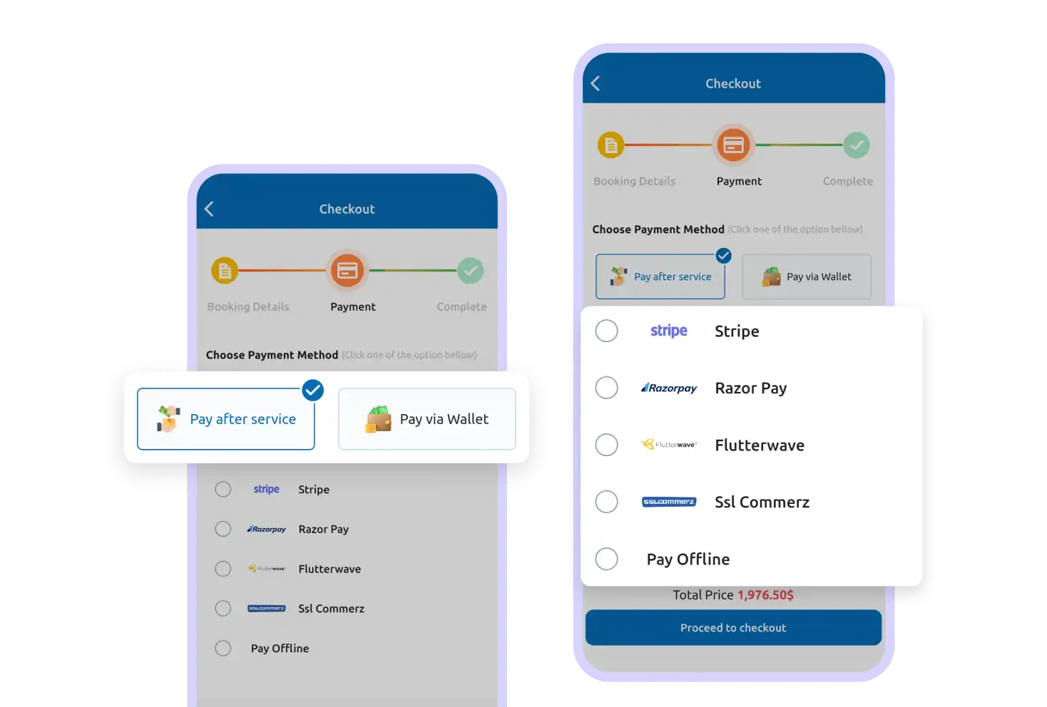 User app users can choose various payment methods feature