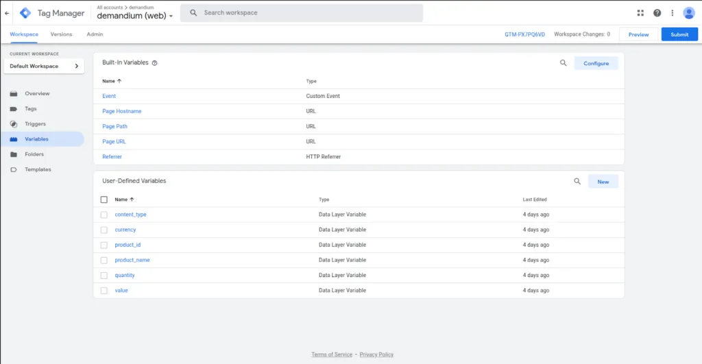 GTM User-Defined Variables Section